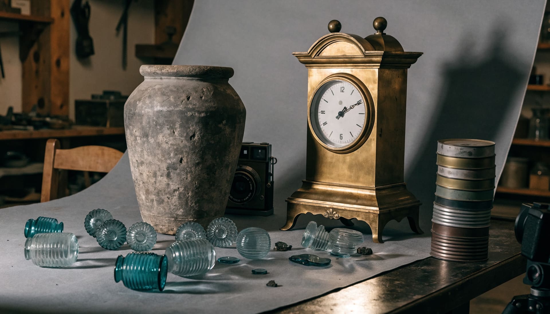 Representative image: an antique mantel clock, stoneware and glass insulators set up to be photographed